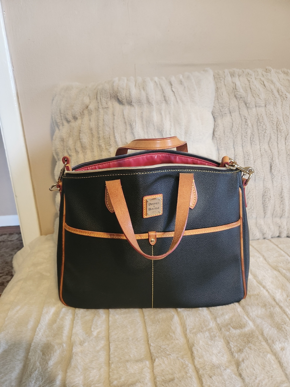 Dooney & Bourke Black Duffel with Tan Trim and Red Interior